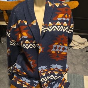 Lucky Brand Navy Aztec Pattern Open-Front Cardigan